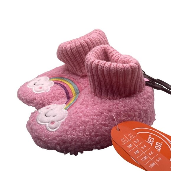 Pink Toddler Fuzzy Booties With Rainbow & Cloud Embroidery Warm & Cozy Design Fo - Picture 4 of 4